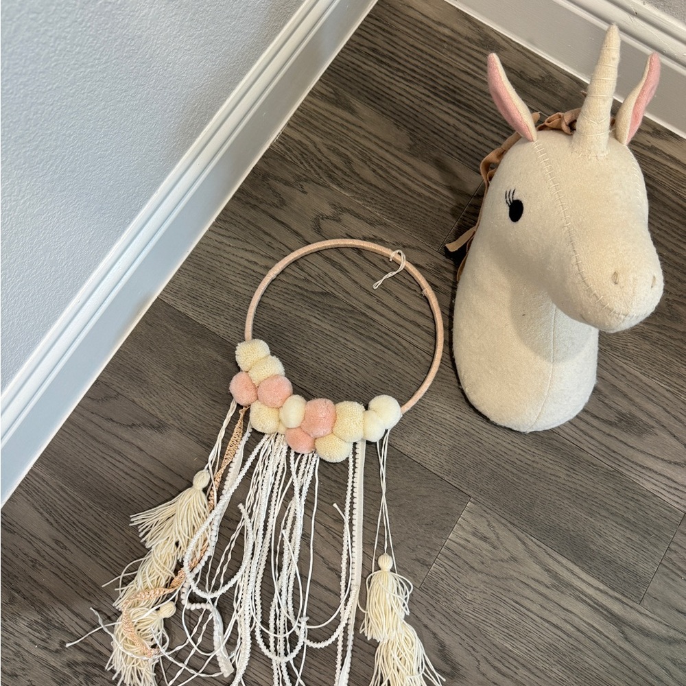 Plush unicorn wall mount and boho decor